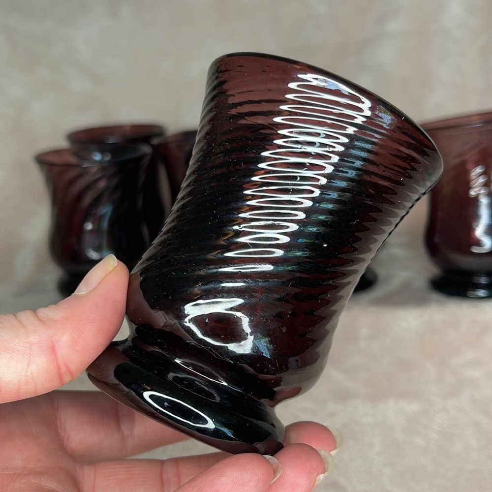 Hand Blown Burgundy Glasses | Set of 8 | Varied - Approximately 3.5 Inches Tall